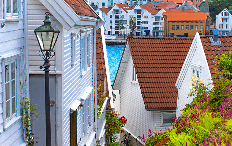 Historic white houses in old Stavanger, Norway