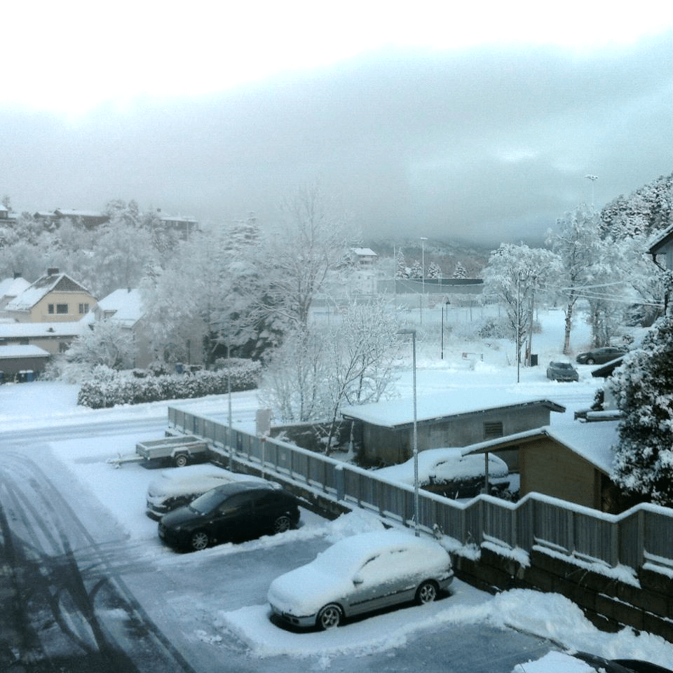 View of snow from an apartment window in Ålesund