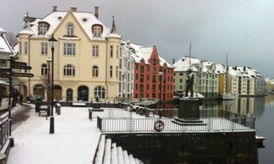 Snow-covered Ålesund town centre