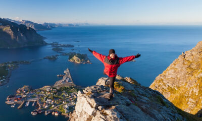 Mountain climber in Norway's Lofoten islands