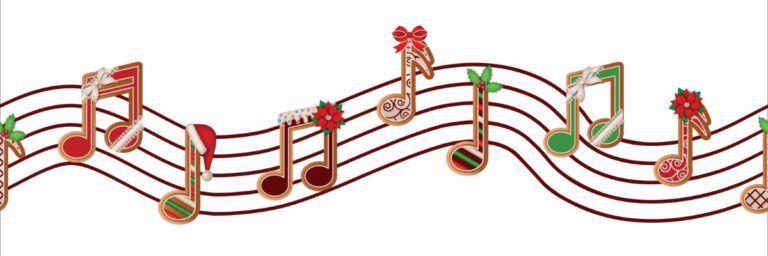 Musical notes with Christmas decorations.
