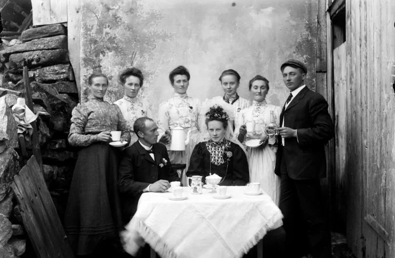 Old Norwegian wedding dinner in fjord Norway