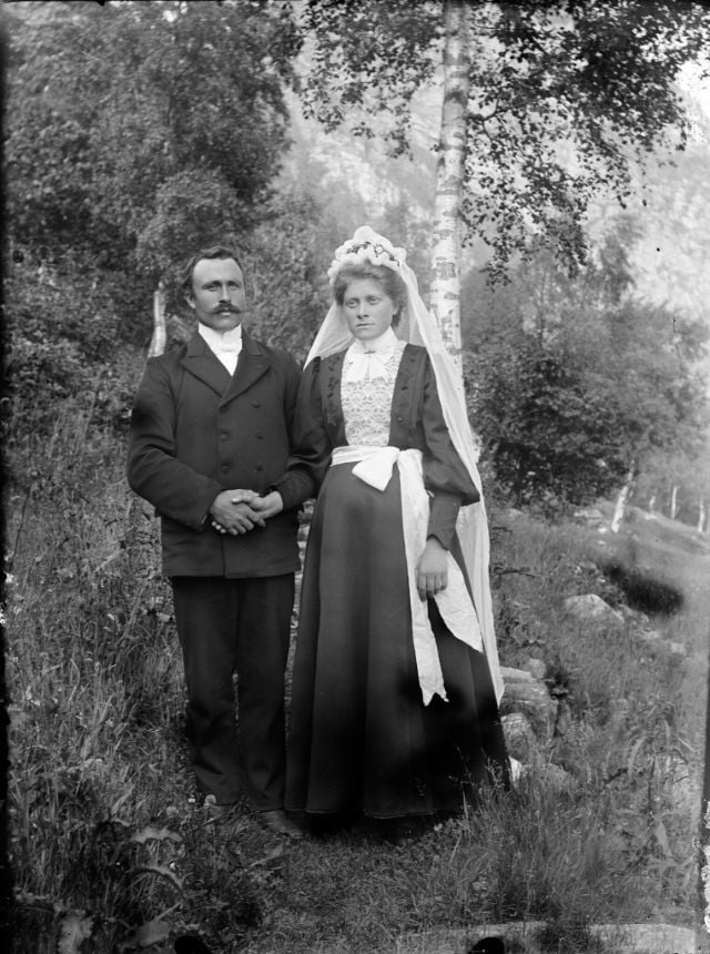 A wedding couple in historic fjord Norway