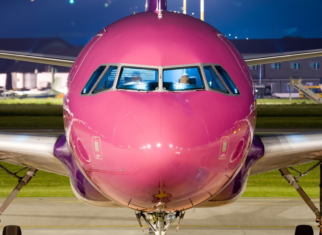 Distinctive pink nose of a Wizz Air jet