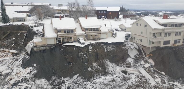 Houses collapsed into the ground after the landslide in Gjerdrum, Norway.