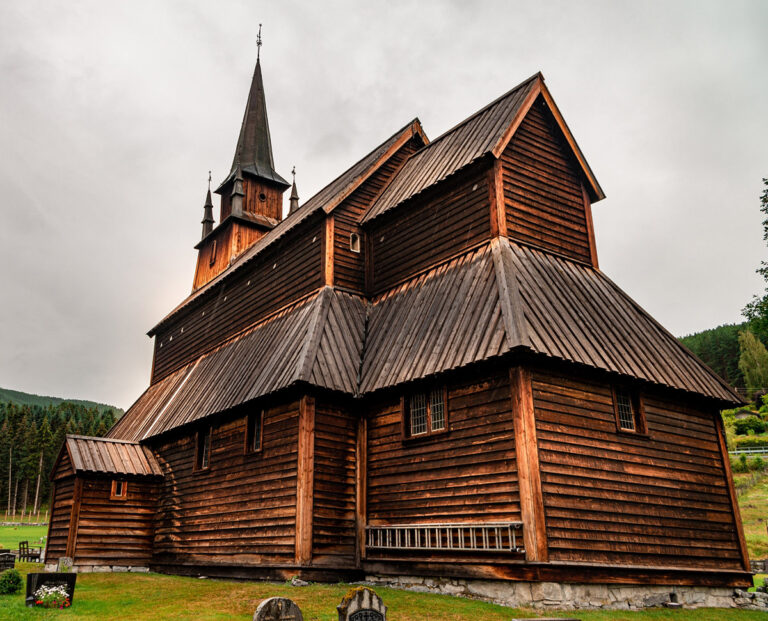 The exterior of Kaupanger stave church in Norway