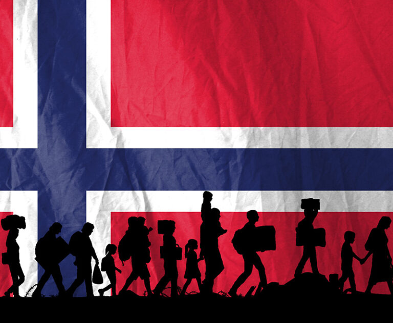 Refugees in Norway against a Norwegian flag.