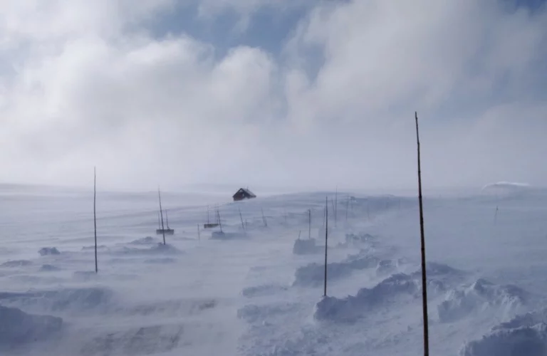 The Hardangervidda mountain road in snowy, windy conditions