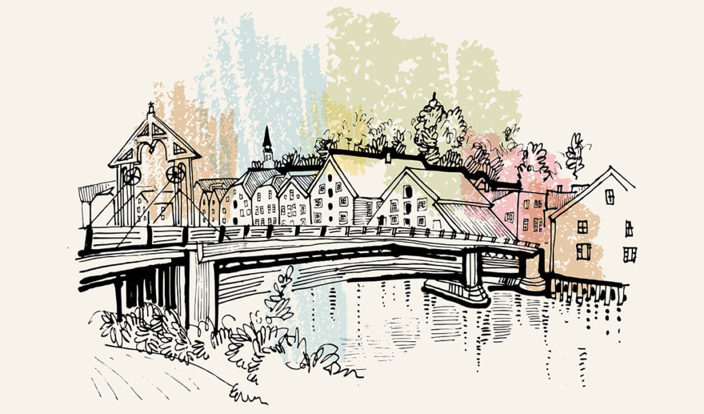 Living in Trondheim drawing of the old town bridge