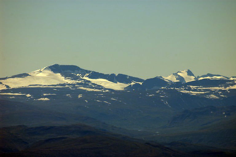 Norway's two highest mountains. The peaks of Glittertind and Galdhøpiggen seen from Rondane, Norway.