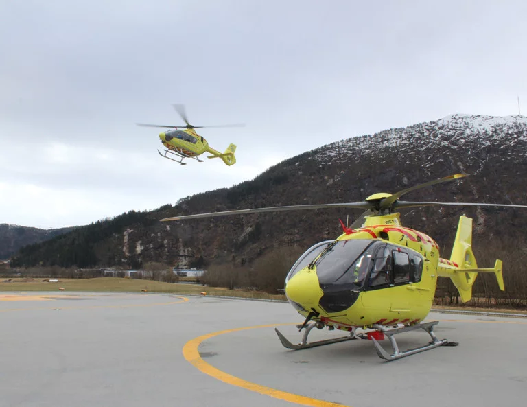 Air ambulance helicopters in Førde, Norway.