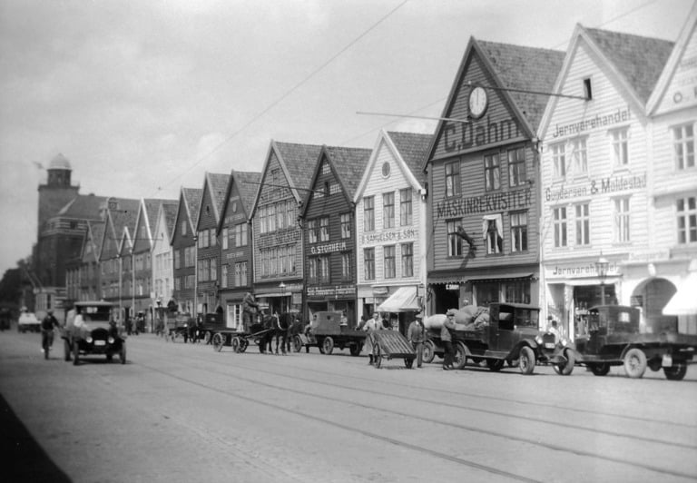 The historic Bryggen wharf in Bergen, Norway, photographed in 1930.