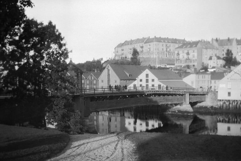 Old city bridge over Nidelven river in Trondheim.