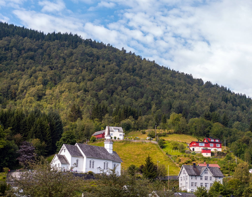 Houses and a church in rural Norway