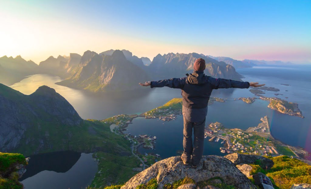 Norwegian citizen looking at Lofoten Islands