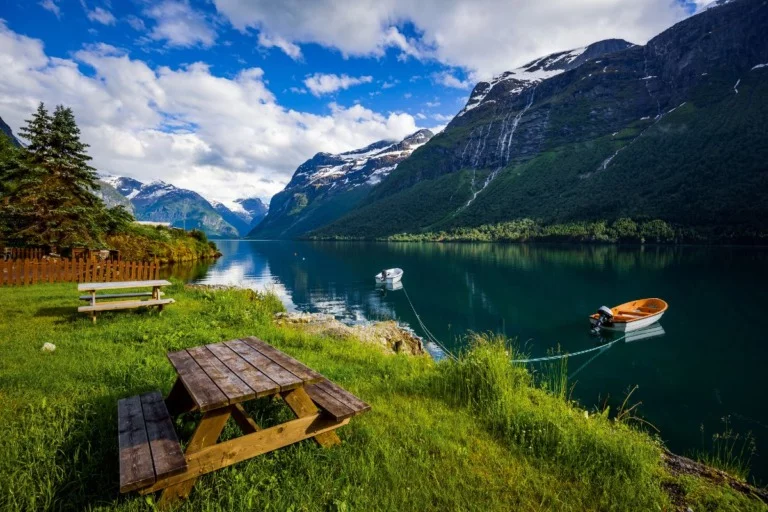 The peaceful water of Lovatnet in fjord Norway