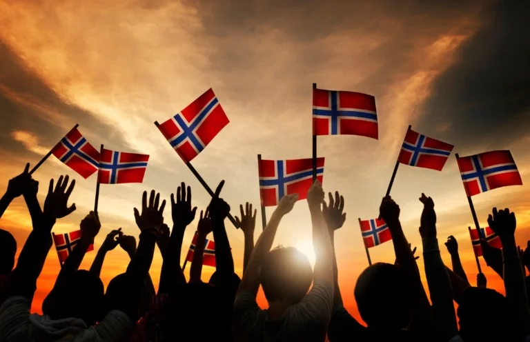 Sunset party with Norwegian flags
