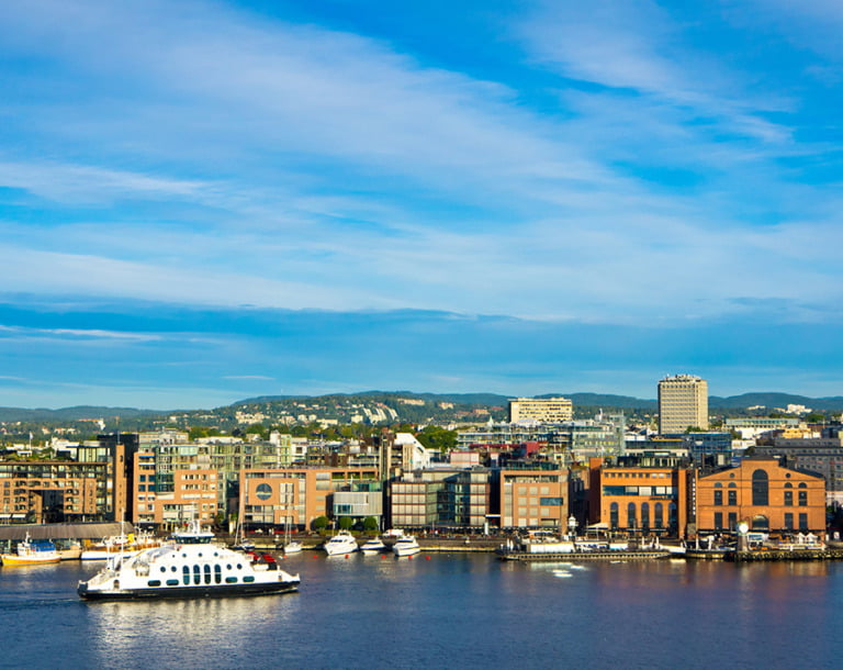 Passenger ferry approaching Aker Brygge in Oslo.