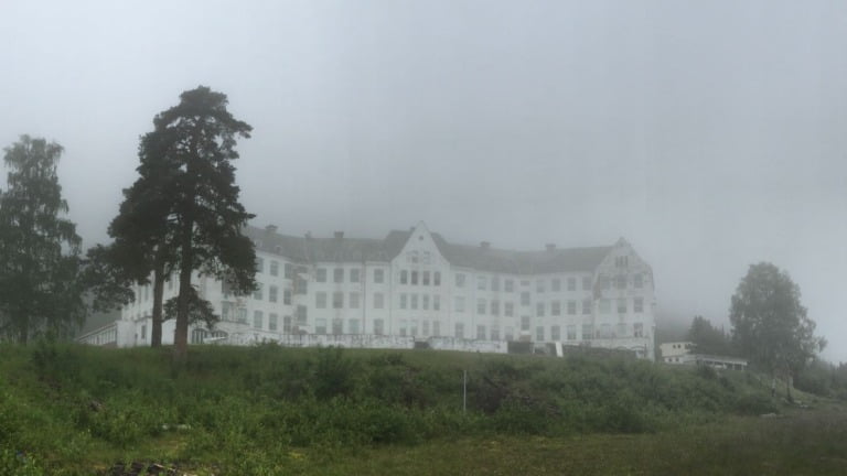 Harastølen in Norway on a foggy day.