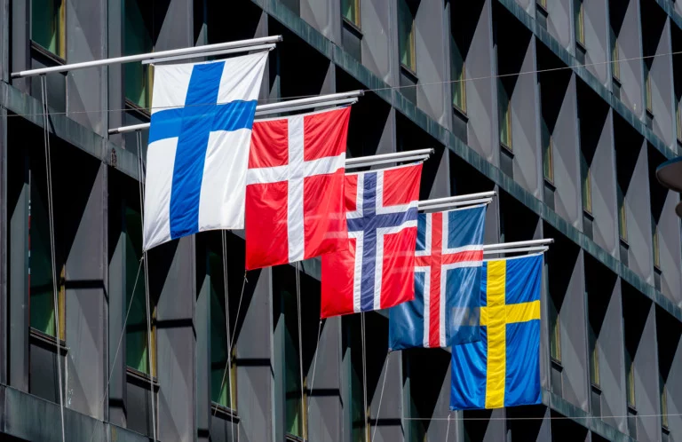 Nordic region flags on a building