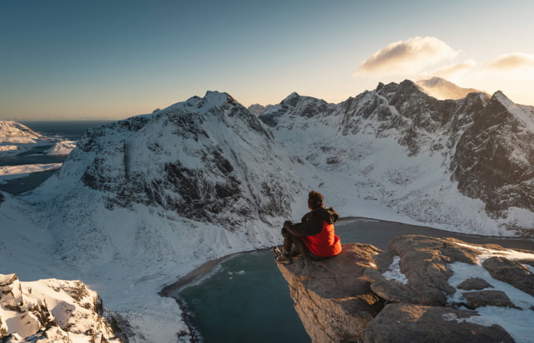 Norwegian hiker in the Lofoten islands of Northern Norway