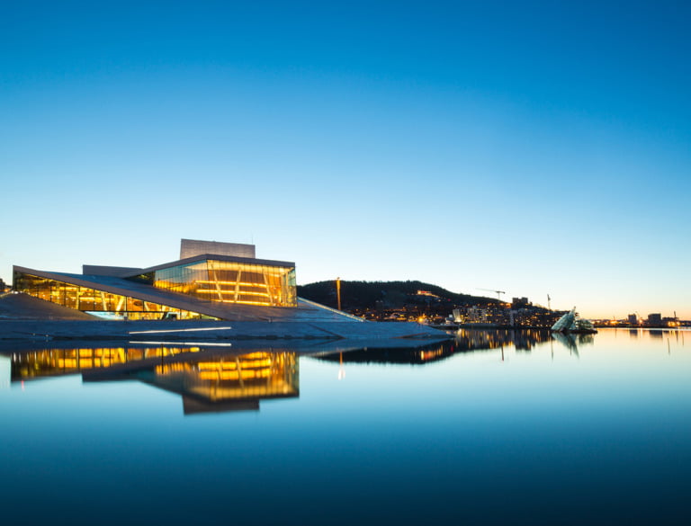 Oslo Opera House in blue light.