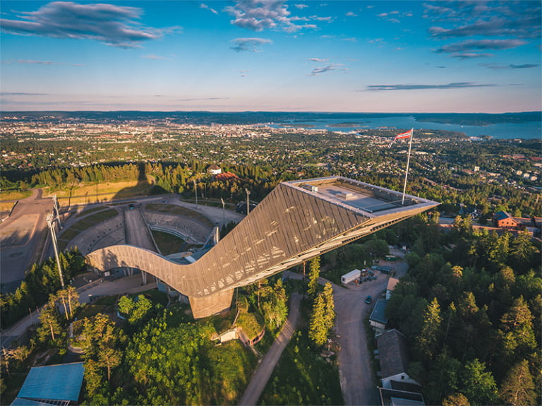 Drone shot of Holmenkollen ski jump tower