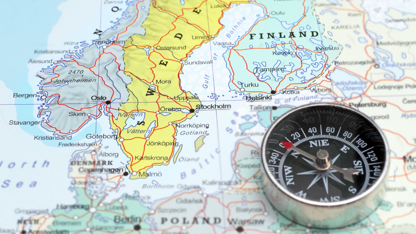 Scandinavia map and compass.