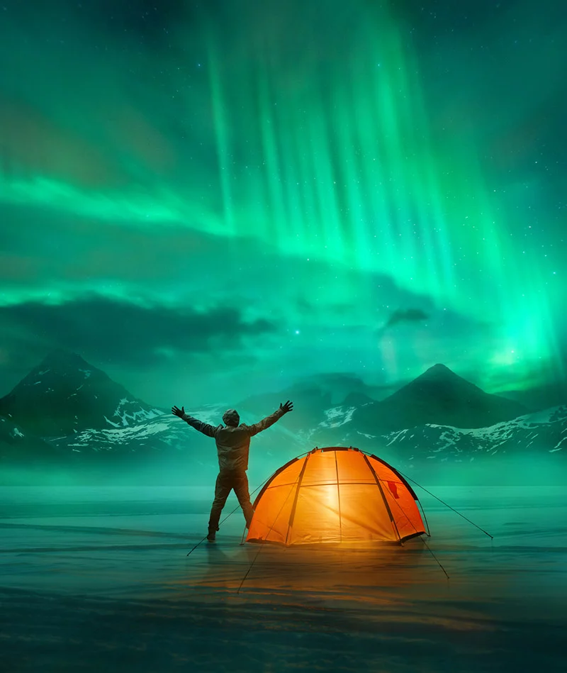 Camping under the green northern lights in Scandinavia