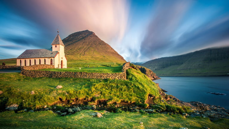 Landscape and church from the Faroe Islands.
