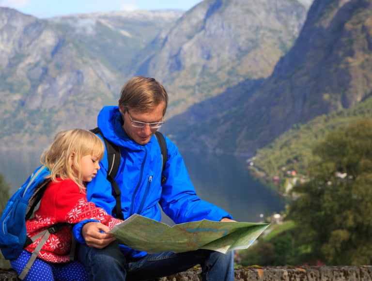 Father and daughter on a hiking trip in Norway