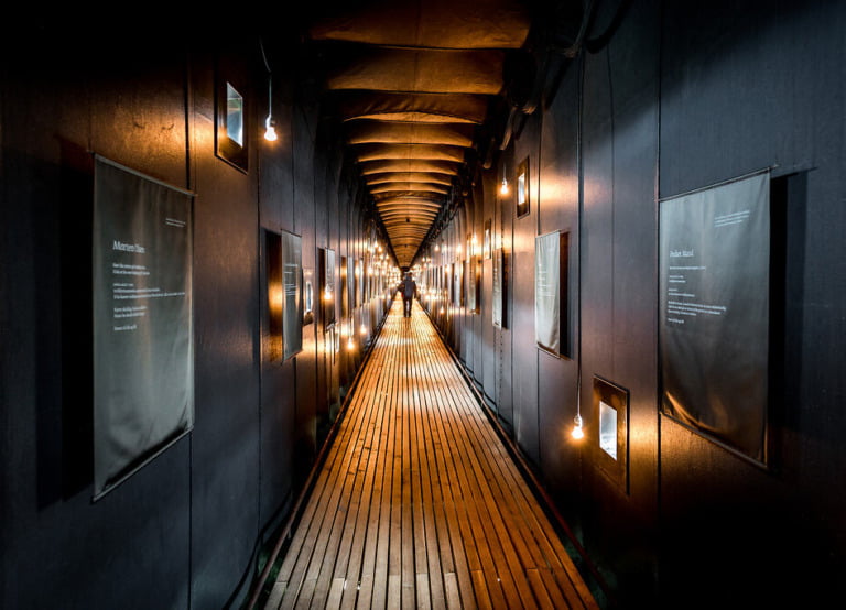 Inside the Steilneset witch memorial at Vardø