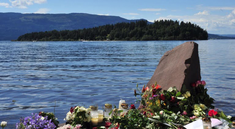 Utøya island in Norway with memorial flowers