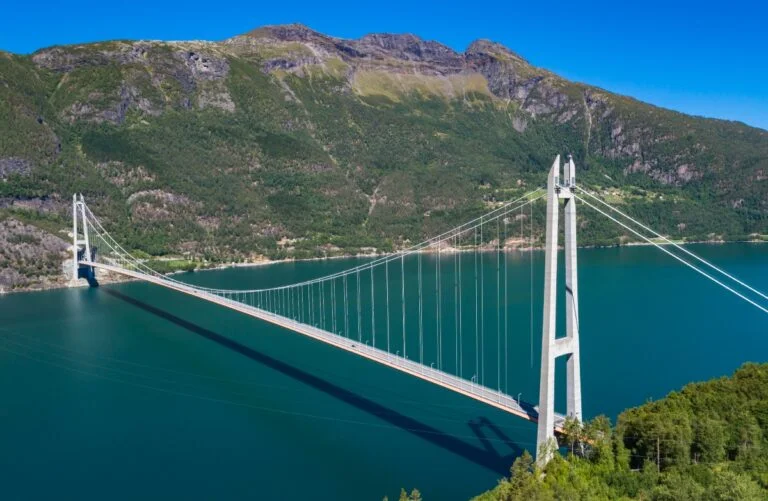 The Hardanger Bridge crosses the Hardangerfjord