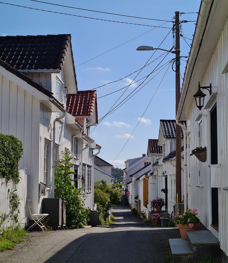 A street of white, Norwegian wooden houses.