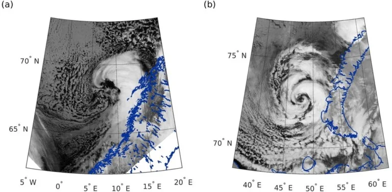 Satellite images of two polar lows in Northern Norway
