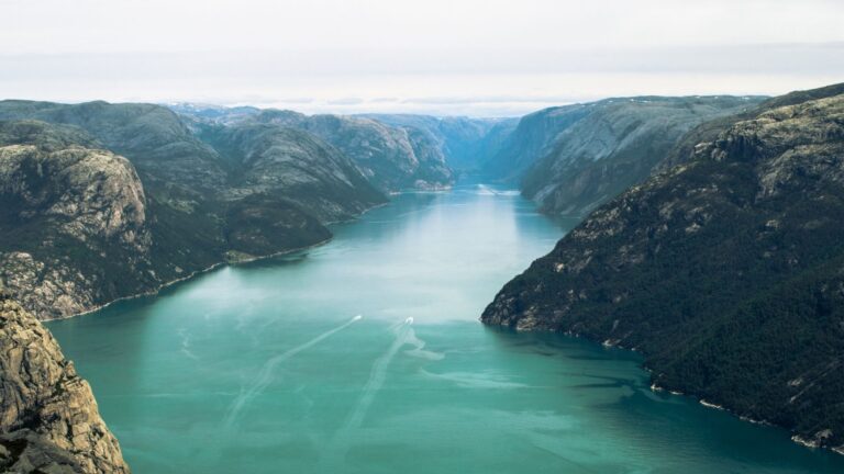 A panoramic photograph of the Lysefjord in Norway