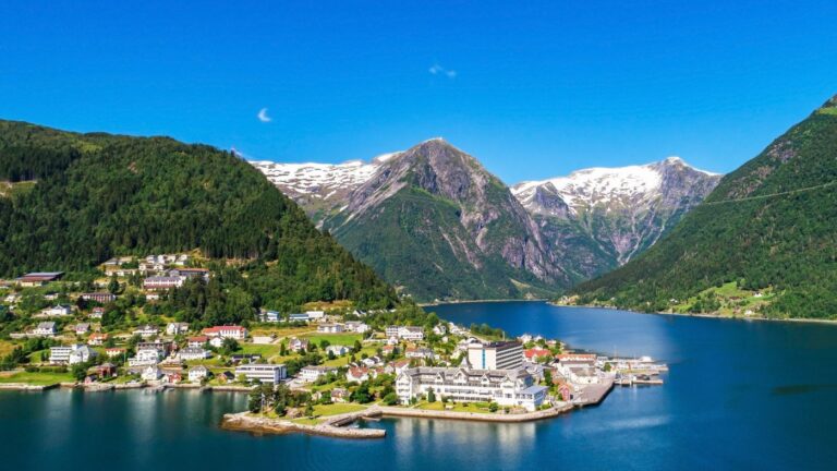 Balestrand seen from above with mountains and fjord landscape.
