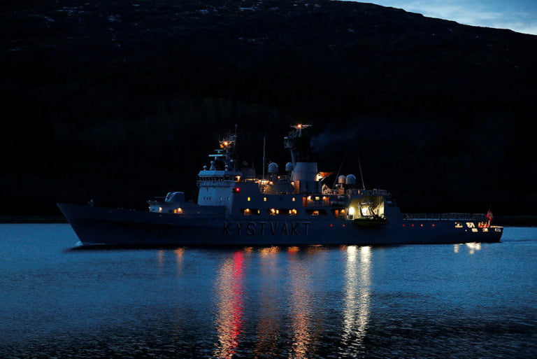 Coast Guard vessel Senja by the coastline of Troms and Finnmark county in Northern Norway.