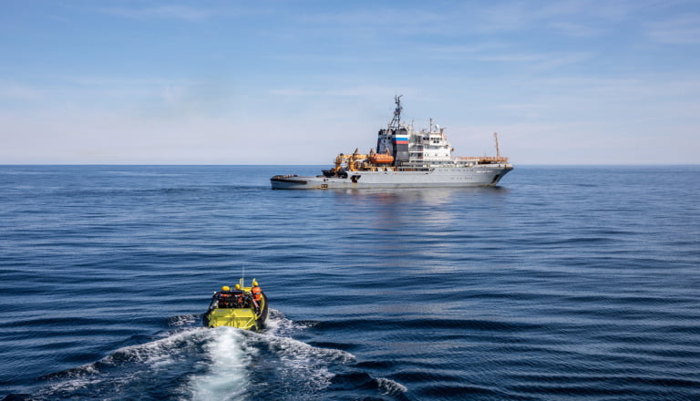 Crews from the Coast Guard Jarl are on their way to deliver marker dolls to the Russian search and rescue ship Nikolay Chiker during Exercise Barents 2021.