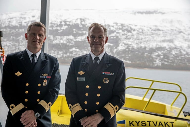 Chief Royal Norwegian Navy, rear admiral Nils Andreas Stensønes and chief coastguard, commodore admiral Oliver Berdal, on board coastguard Harstad for the 80 year mark of the battles in Narvik