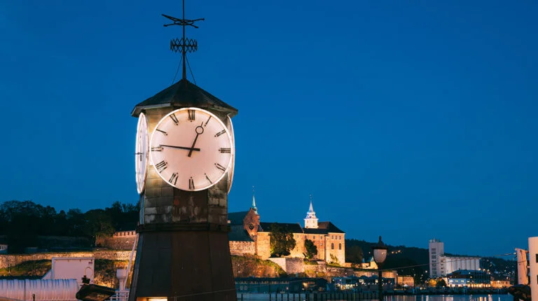 The clock at Aker Bryggen in Oslo, Norway