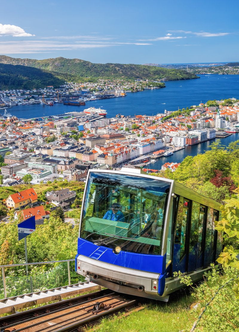 Bergen's funicular railway climbing the hillside of Mount Fløyen