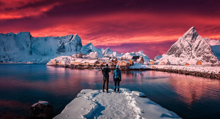 Lofoten islands photo with a red sky