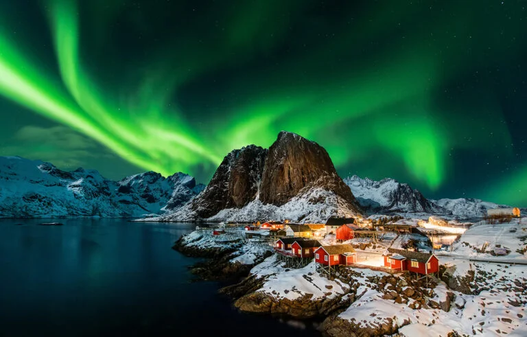 Northern lights display above Hamnøy island in Northern Norway