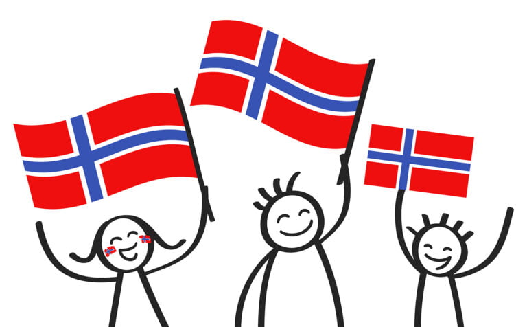 Norwegian family with flags of Norway cartoon