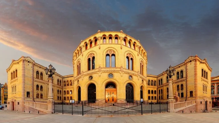 Norwegian parliament in the evening light of Oslo, Norway