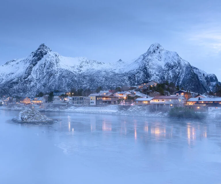 A misty morning scene in Svolvær, Northern Norway