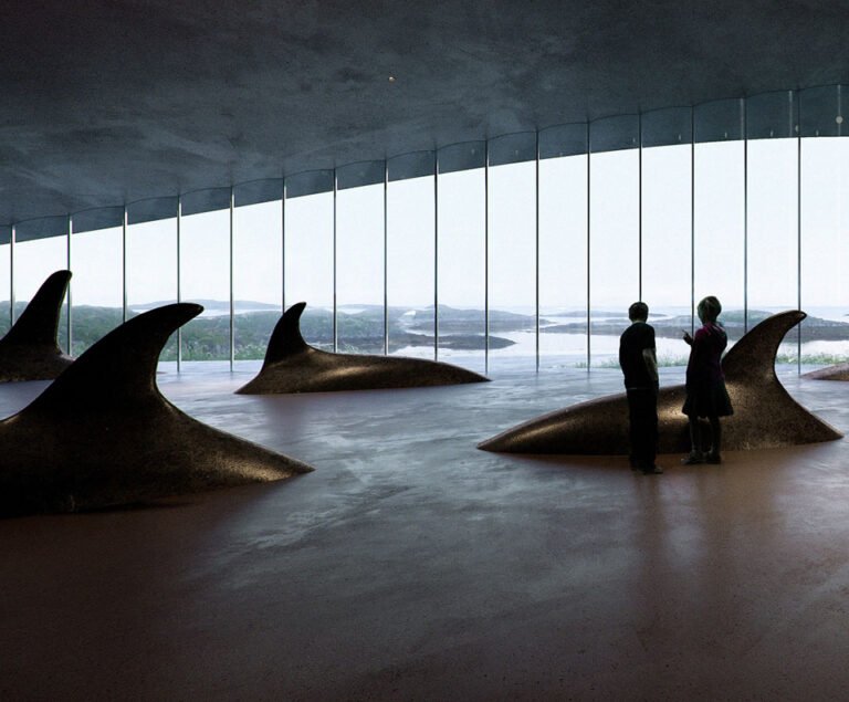 Sculptures of whales inside the visitor centre.