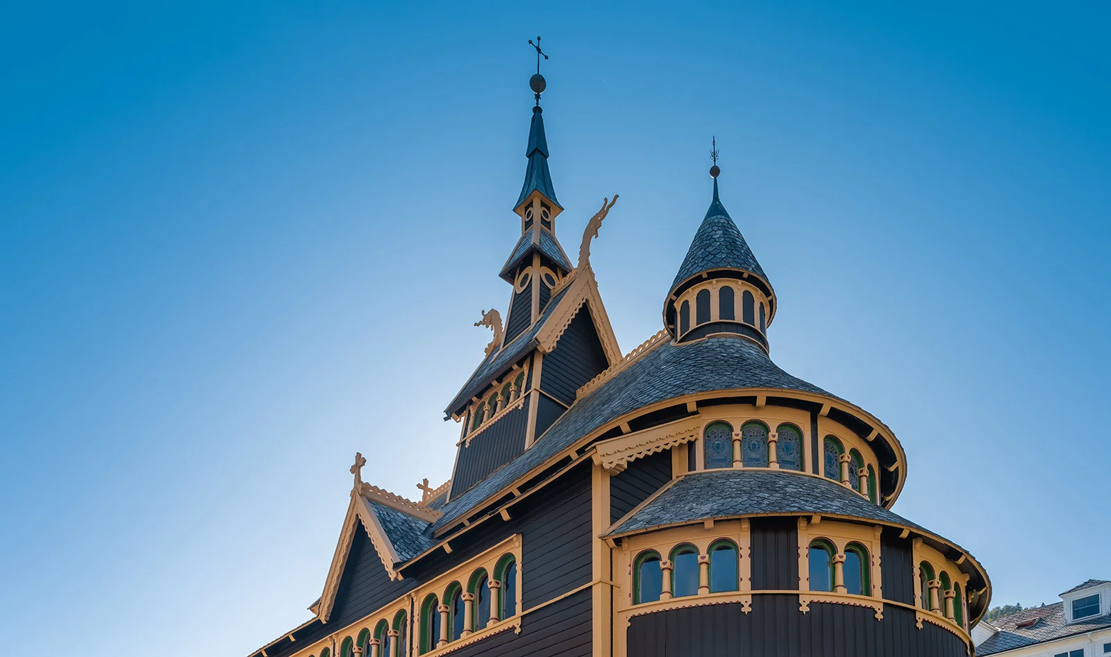 Balestrand church and a blue sky in Norway